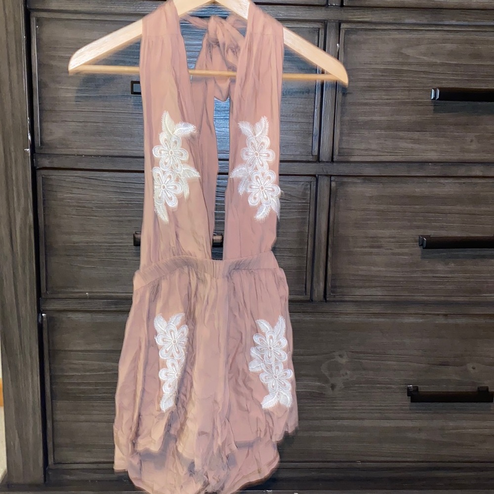 rose colored tie neck romper